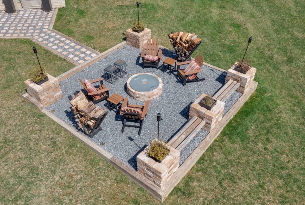 Aerial view of a landscaped fire pit area